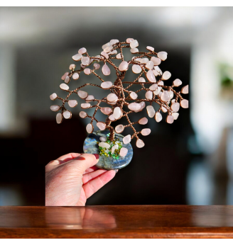 Arbre de vie en Quartz rose et socle en Labradorite.