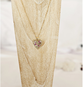 Pendentif en Résine , coeur et Fleurs Séchées - Rose Mauve Pailleté