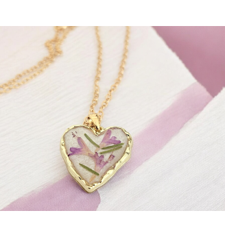 Pendentif Cœur Résine et Fleurs Séchées - Rose Mauve Pailleté