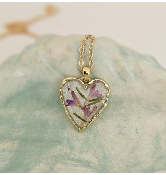 Pendentif en Résine , coeur et Fleurs Séchées - Rose Mauve Pailleté