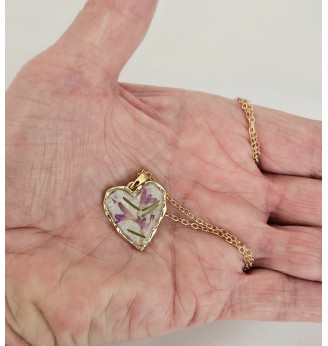 Pendentif en Résine , coeur et Fleurs Séchées - Rose Mauve Pailleté