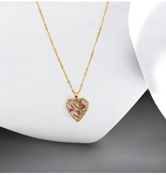 Pendentif Cœur Résine et Fleurs Séchées - Rose Mauve Pailleté