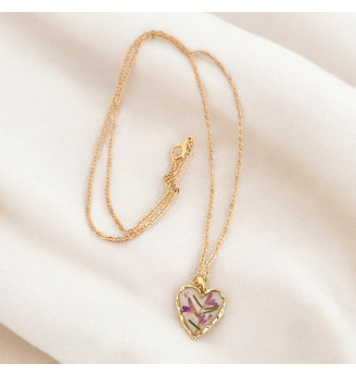 Pendentif en Résine , coeur et Fleurs Séchées - Rose Mauve Pailleté