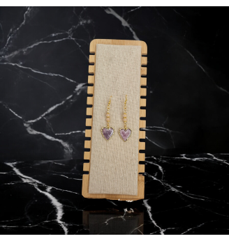 Boucles d’oreilles cœur doré en résine parme et Quartz rose – Élégance et douceur