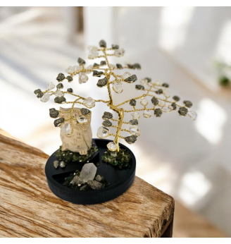 Arbre de Vie en Pyrite et Cristal de Roche avec Chouette .