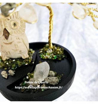 Arbre de Vie en Pyrite et Cristal de Roche avec Chouette .
