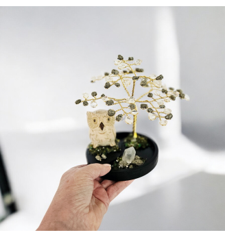 Arbre de Vie en Pyrite et Cristal de Roche avec Chouette .