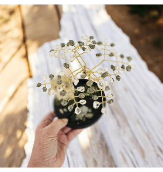 Arbre de Vie en Pyrite et Cristal de Roche avec Chouette .