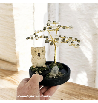 Arbre de Vie en Pyrite et Cristal de Roche avec Chouette .