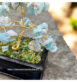 Arbre de vie en Larimar et Quartz Angel Aura, poterie inspiration Asiatique.