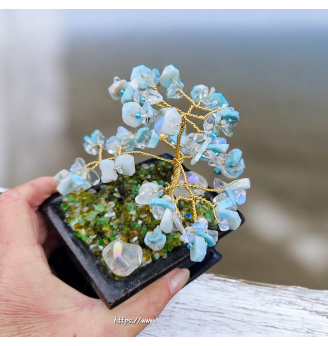 Arbre de vie en Larimar et Quartz Angel Aura, poterie inspiration Asiatique.