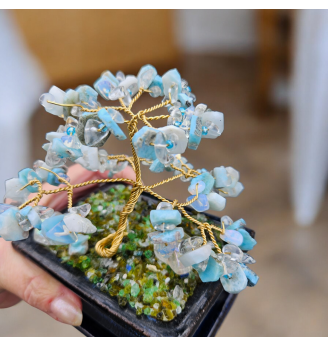 Arbre de vie en Larimar et Quartz Angel Aura, poterie inspiration Asiatique.