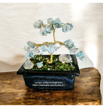Arbre de vie en Larimar et Quartz Angel Aura, poterie inspiration Asiatique.
