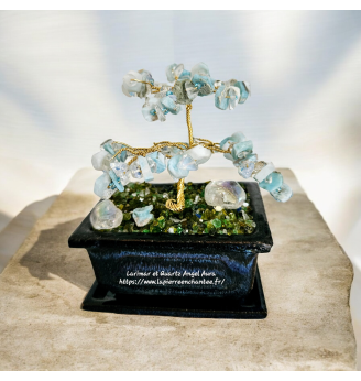 Arbre de vie en Larimar et Quartz Angel Aura, poterie inspiration Asiatique.