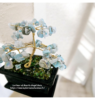 Arbre de vie en Larimar et Quartz Angel Aura, poterie inspiration Asiatique.
