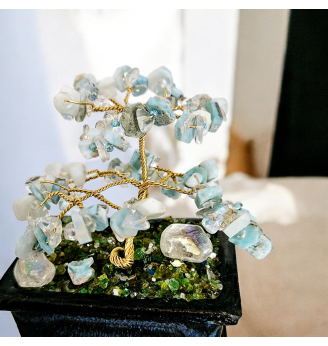 Arbre de vie en Larimar et Quartz Angel Aura, poterie inspiration Asiatique.