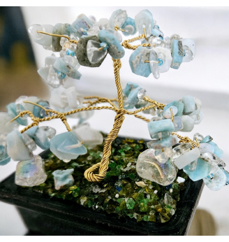 Arbre de vie en Larimar et Quartz Angel Aura, poterie inspiration Asiatique.