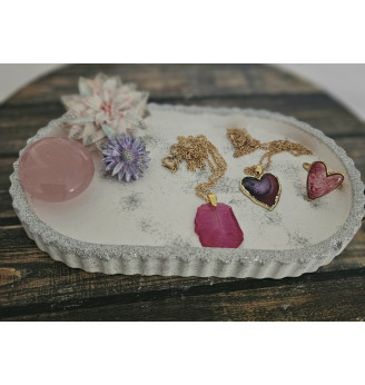 Coupelle à bijoux en Résine naturelle  – Quartz Rose et Fleurs