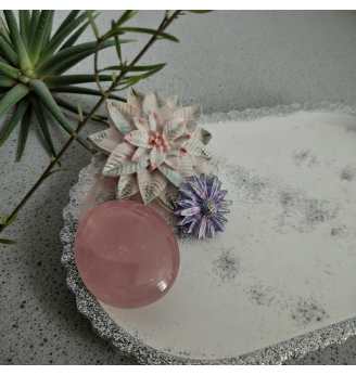 Coupelle à bijoux en Résine naturelle  – Quartz Rose et Fleurs