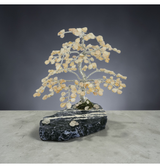 Arbre de vie en Quartz rose, blanc et Citrine sur tranche de Sodalite.