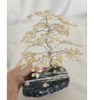 Arbre de vie en Quartz rose, blanc et Citrine sur tranche de Sodalite.