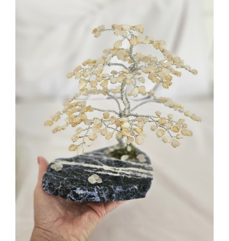 Arbre de vie en Quartz rose, blanc et Citrine sur tranche de Sodalite.