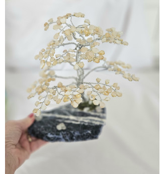 Arbre de vie en Quartz rose, blanc et Citrine sur tranche de Sodalite.
