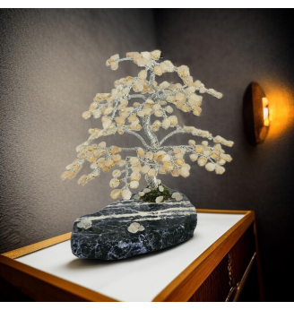 Arbre de vie en Quartz rose, blanc et Citrine sur tranche de Sodalite.