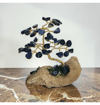 Arbre de Vie en Sodalite sur bois flotté – Création artisanale en pierres naturelles