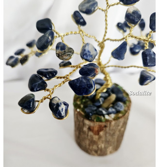 Arbre de Vie  en Sodalite sur socle en bois – Création artisanale en pierres naturelles