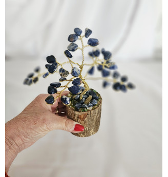 Arbre de Vie  en Sodalite sur socle en bois – Création artisanale en pierres naturelles