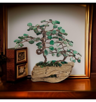 Arbre de Vie en Aventurine – Double arbre artisanal sur bois flotté