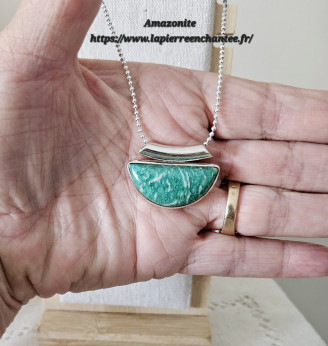 Pendentif Amazonite naturelle demi-lune , Argent 925.