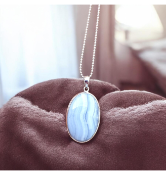 Pendentif Calcédoine Bleue Ovale en Argent 925 – Pierre Naturelle Apaisante