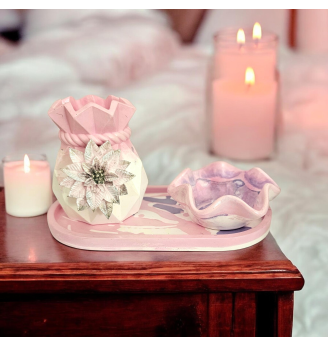 Ensemble vase et photophore décoration en résine fleurie rose ,  lilas et blanc.