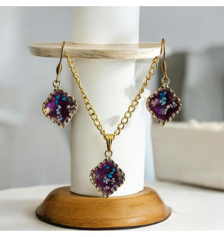 Ensemble en résine, Pendentif et Boucles d’Oreilles aux Fleurs Naturelles