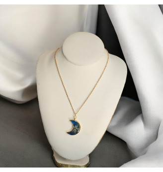 Pendentif  en résine cristal , lune bleu nuit, paillettes et fleur séchée – Chaîne dorée incluse