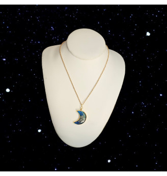 Pendentif  en résine cristal , lune bleu nuit, paillettes et fleur séchée – Chaîne dorée incluse