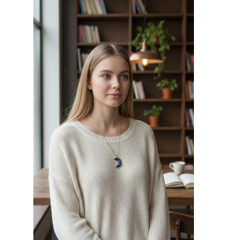 Pendentif  en résine cristal , lune bleu nuit, paillettes et fleur séchée – Chaîne dorée incluse