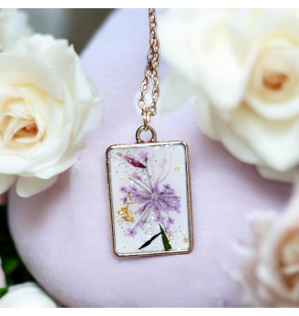 Pendentif  en résine cristal rectangulaire et fleurs séchées – Chaîne argentée incluse