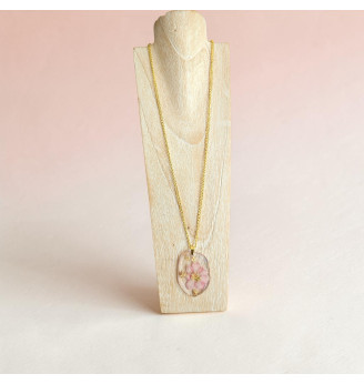 Pendentif en résine cristal , bohème , fleur rose naturelle et feuilles d'or