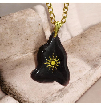 Pendentif en résine noire, soleil doré, forme libre ,fait main bohème chic