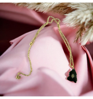 Pendentif en résine noire, soleil doré, forme libre ,fait main bohème chic