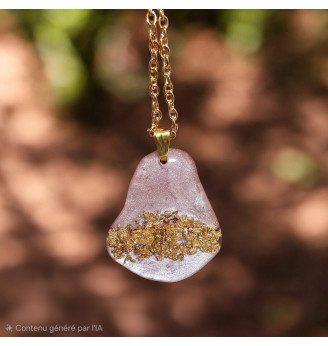 Pendentif en résine cristal rose nacré – Feuilles d'or , artisanal.