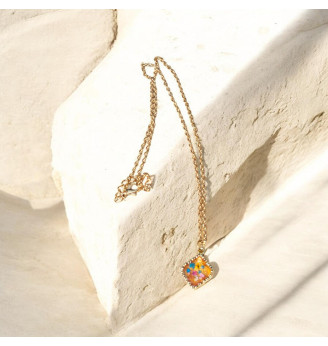Pendentif en résine cristal avec fleurs séchées naturelles – Feu d’automne