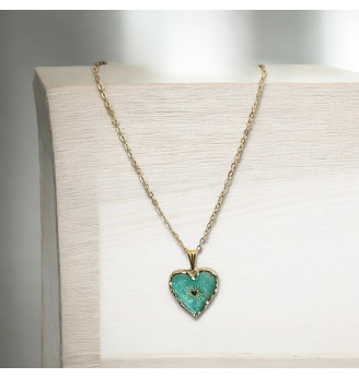 Pendentif en résine cristal , cœur turquoise irisé  – Étoile dorée – Bijou artisanal été