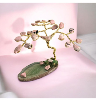 Arbre de Vie mini en Rhodonite naturelle sur Tranche d’Agate Vert Pâle – Création Artisanale