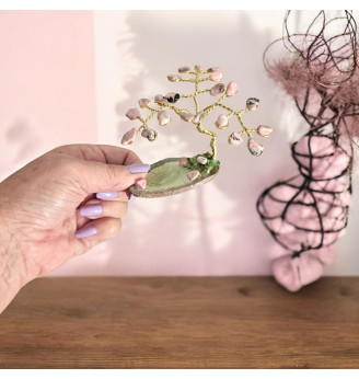 Arbre de Vie mini en Rhodonite naturelle sur Tranche d’Agate Vert Pâle – Création Artisanale