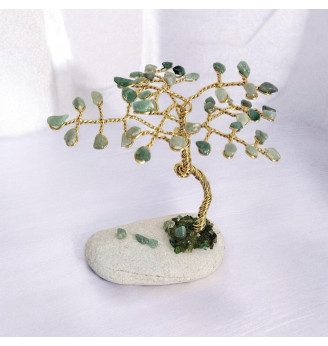 Arbre de Vie  Aventurine sur Galet Blanc – Branches Torsadées Dorées