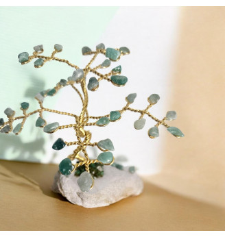 Arbre de Vie en Aventurine sur Galet Blanc – Branches Torsadées Dorées